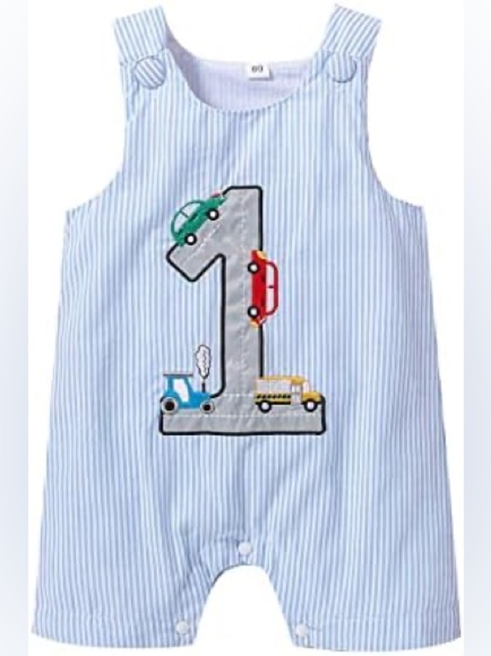NWOT Blue Striped '1' Applique Romper with Vehicles - Size 12-18M (90)